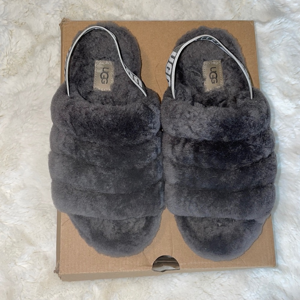 UGG Charcoal Fluffy Slides